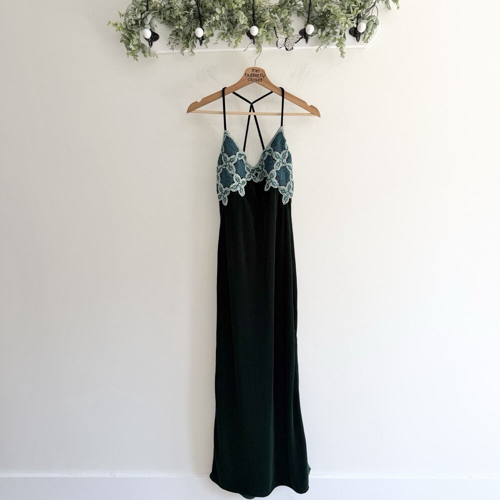 Zara Velvet Green Blue Maxi Crochet Embroidered Dress Sz Small 4-5761